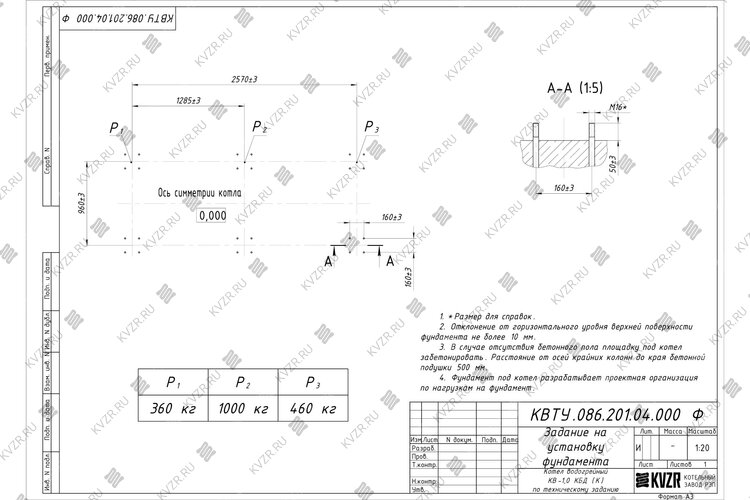 Котел на угле дровах 1.0 МВт с колосниками фундамент
